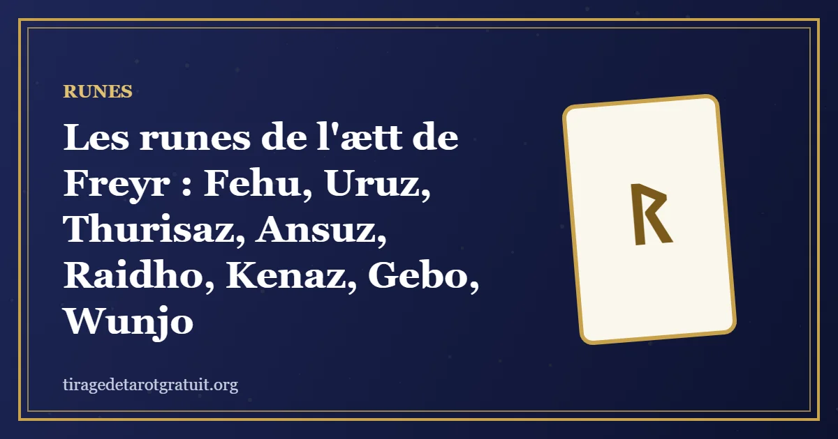 Les runes de l'ætt de Freyr : Fehu, Uruz, Thurisaz, Ansuz, Raidho, Kenaz, Gebo, Wunjo